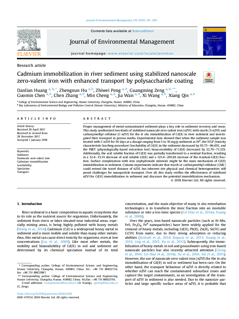 Cadmium immobilization in river sediment using stabilized nanoscale zero-valent iron with enhanced transport by polysaccharide coating