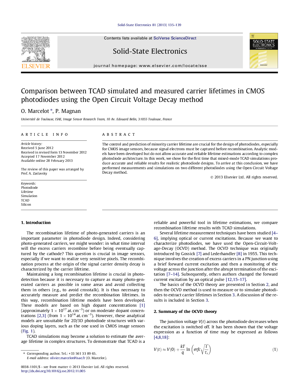 Comparison between TCAD simulated and measured carrier lifetimes in CMOS photodiodes using the Open Circuit Voltage Decay method