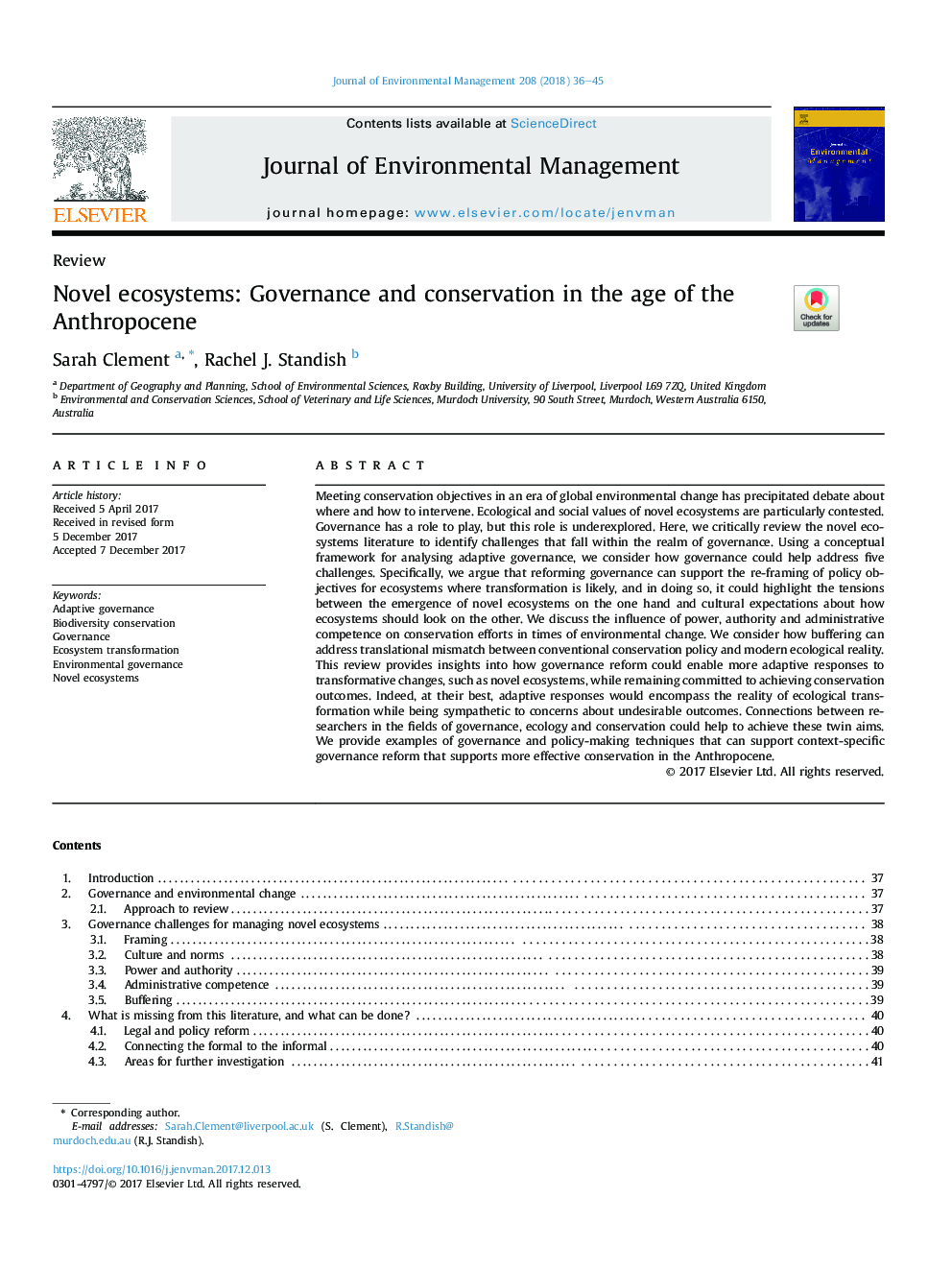 Novel ecosystems: Governance and conservation in the age of the Anthropocene