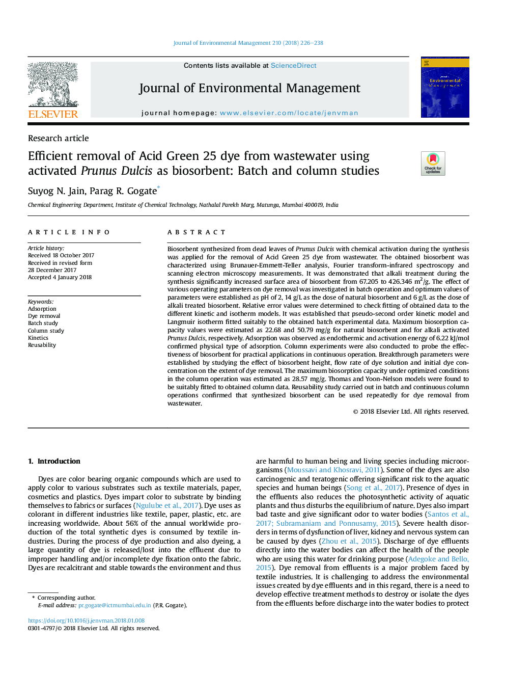 Efficient removal of Acid Green 25 dye from wastewater using activated Prunus Dulcis as biosorbent: Batch and column studies