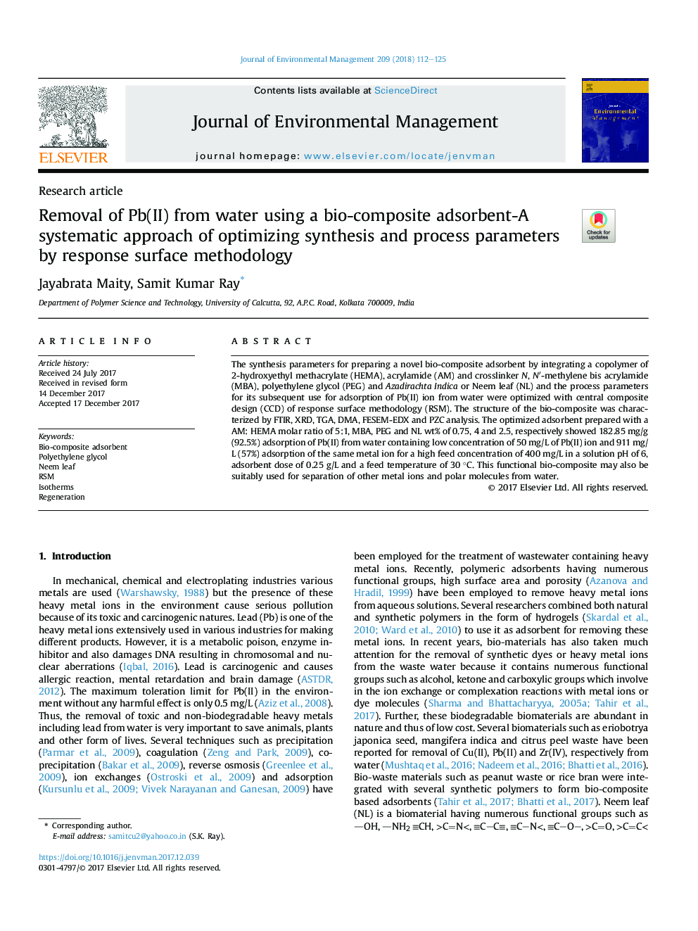 Removal of Pb(II) from water using a bio-composite adsorbent-A systematic approach of optimizing synthesis and process parameters by response surface methodology