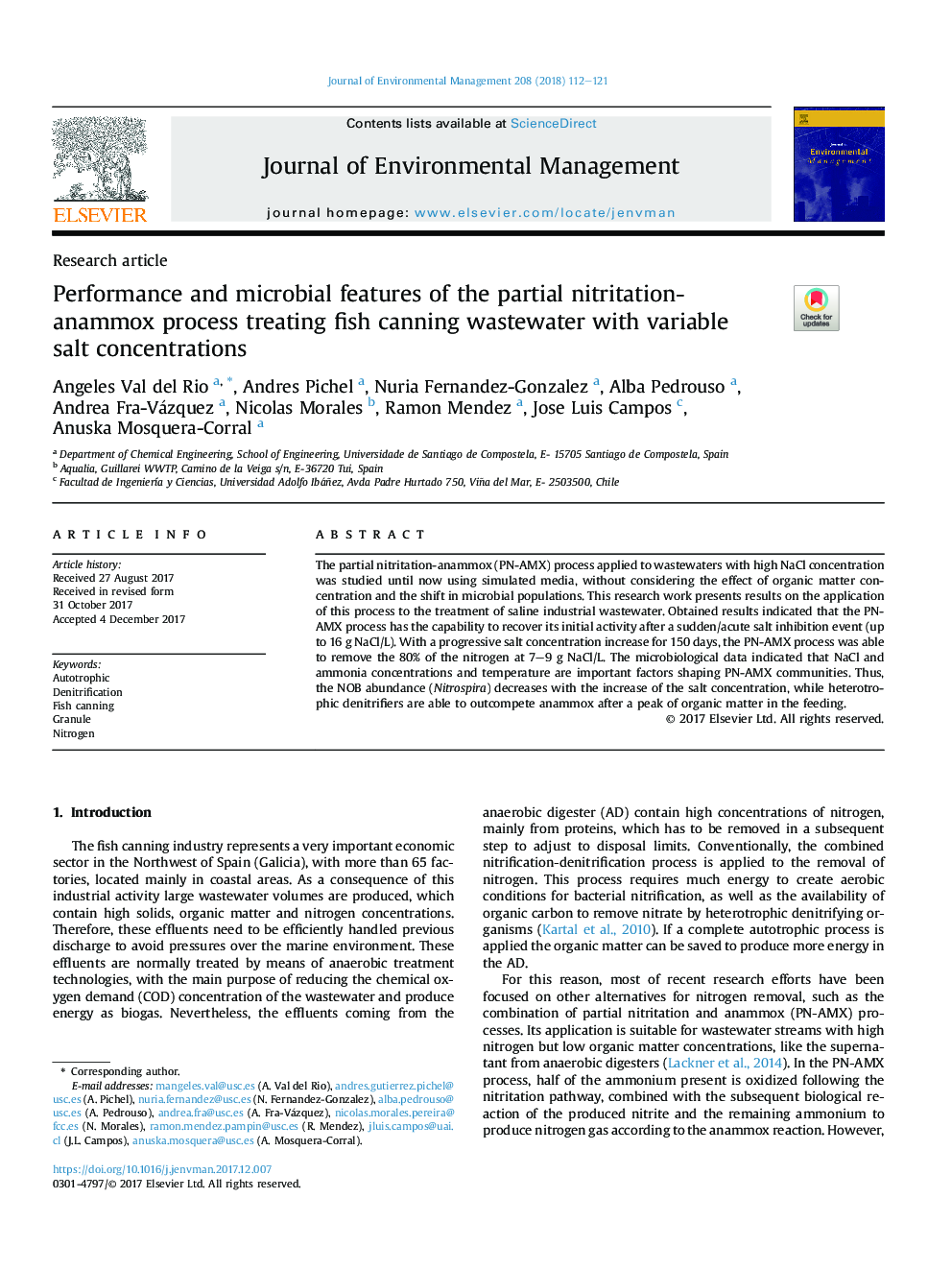 Performance and microbial features of the partial nitritation-anammox process treating fish canning wastewater with variable saltÂ concentrations