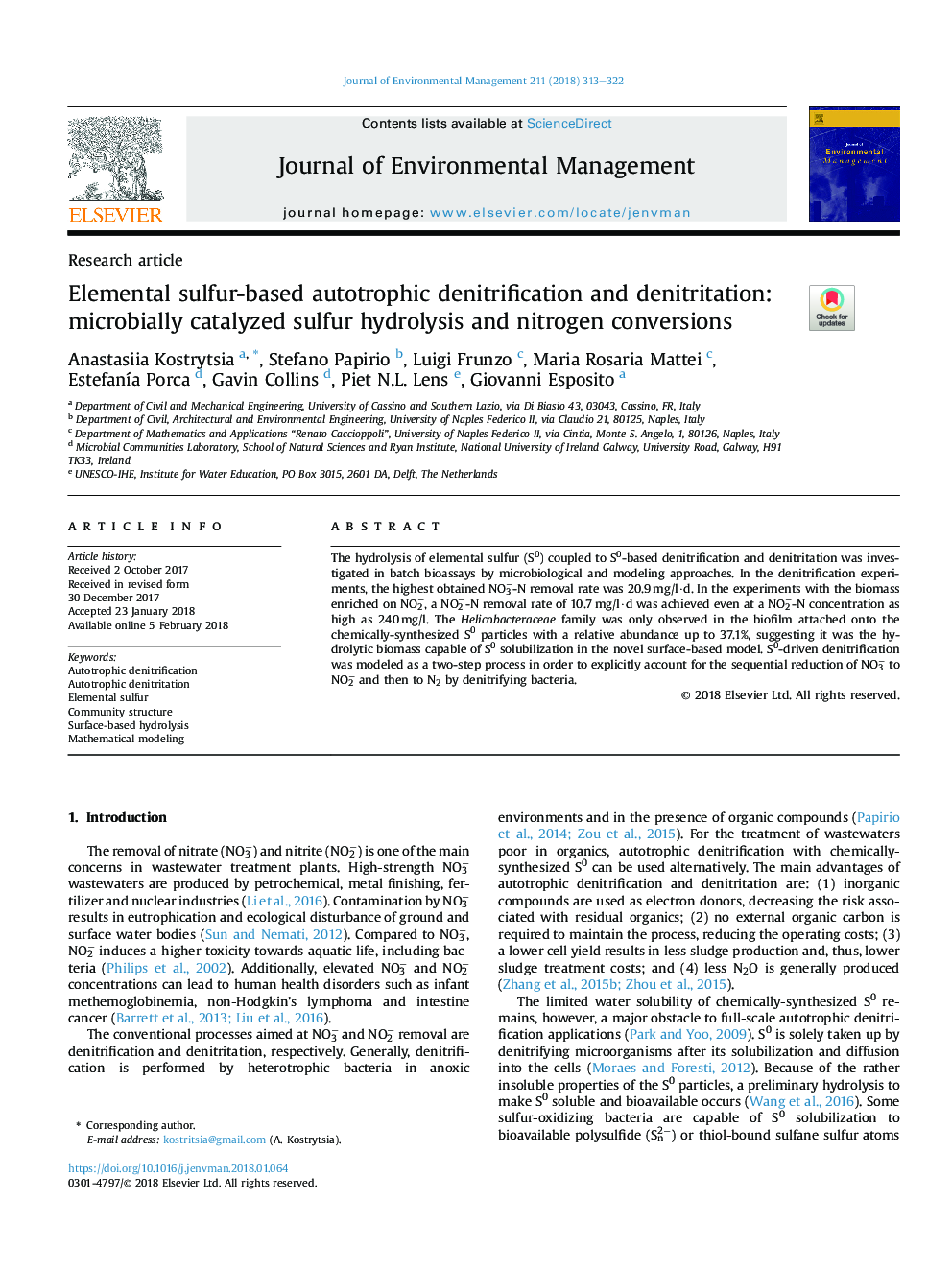 Elemental sulfur-based autotrophic denitrification and denitritation: microbially catalyzed sulfur hydrolysis and nitrogen conversions