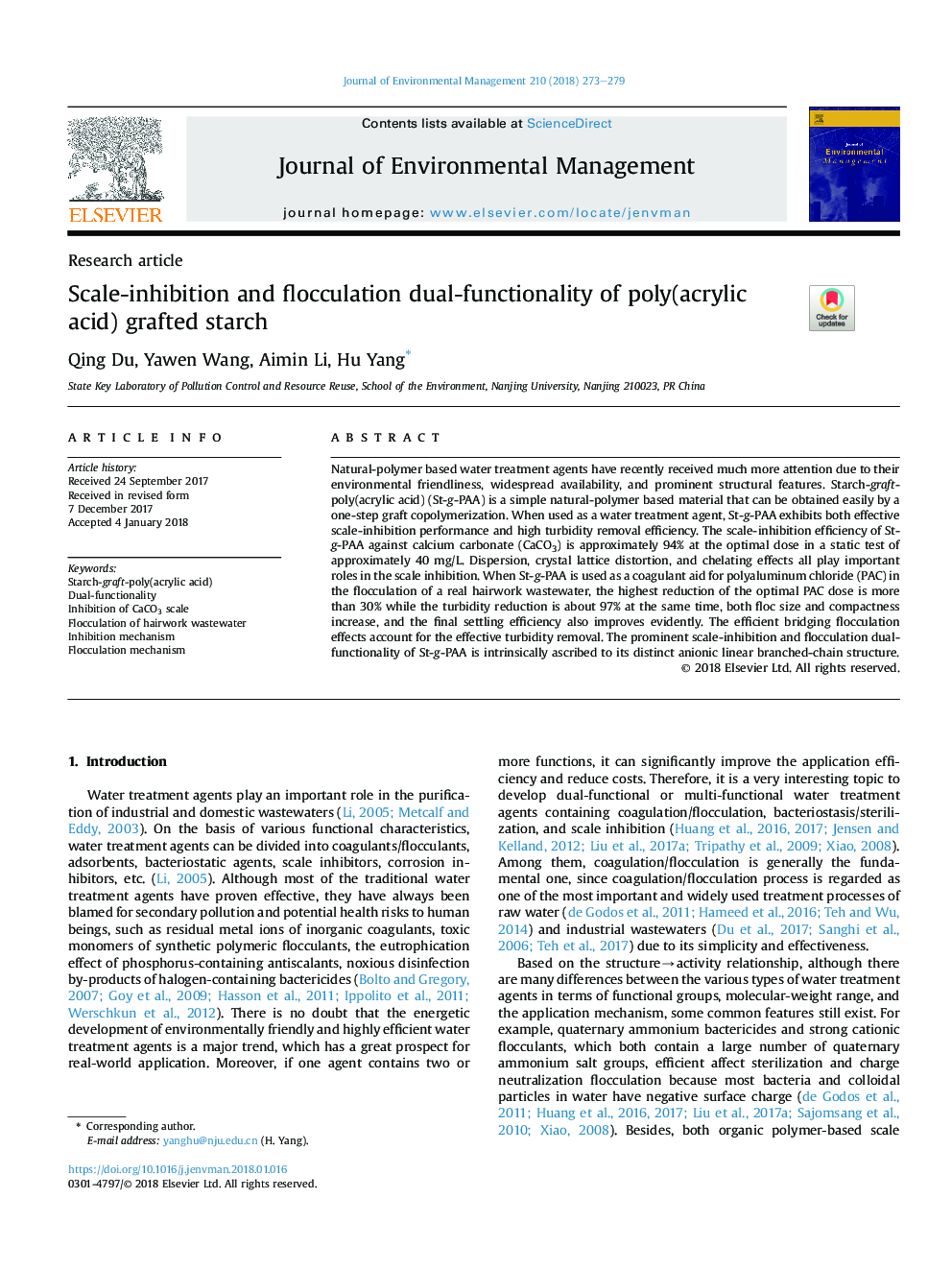 Scale-inhibition and flocculation dual-functionality of poly(acrylic acid) grafted starch