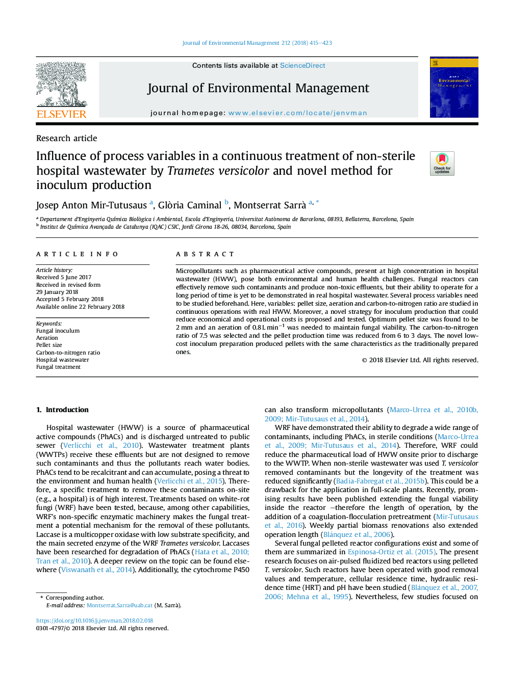 Influence of process variables in a continuous treatment of non-sterile hospital wastewater by Trametes versicolor and novel method for inoculum production