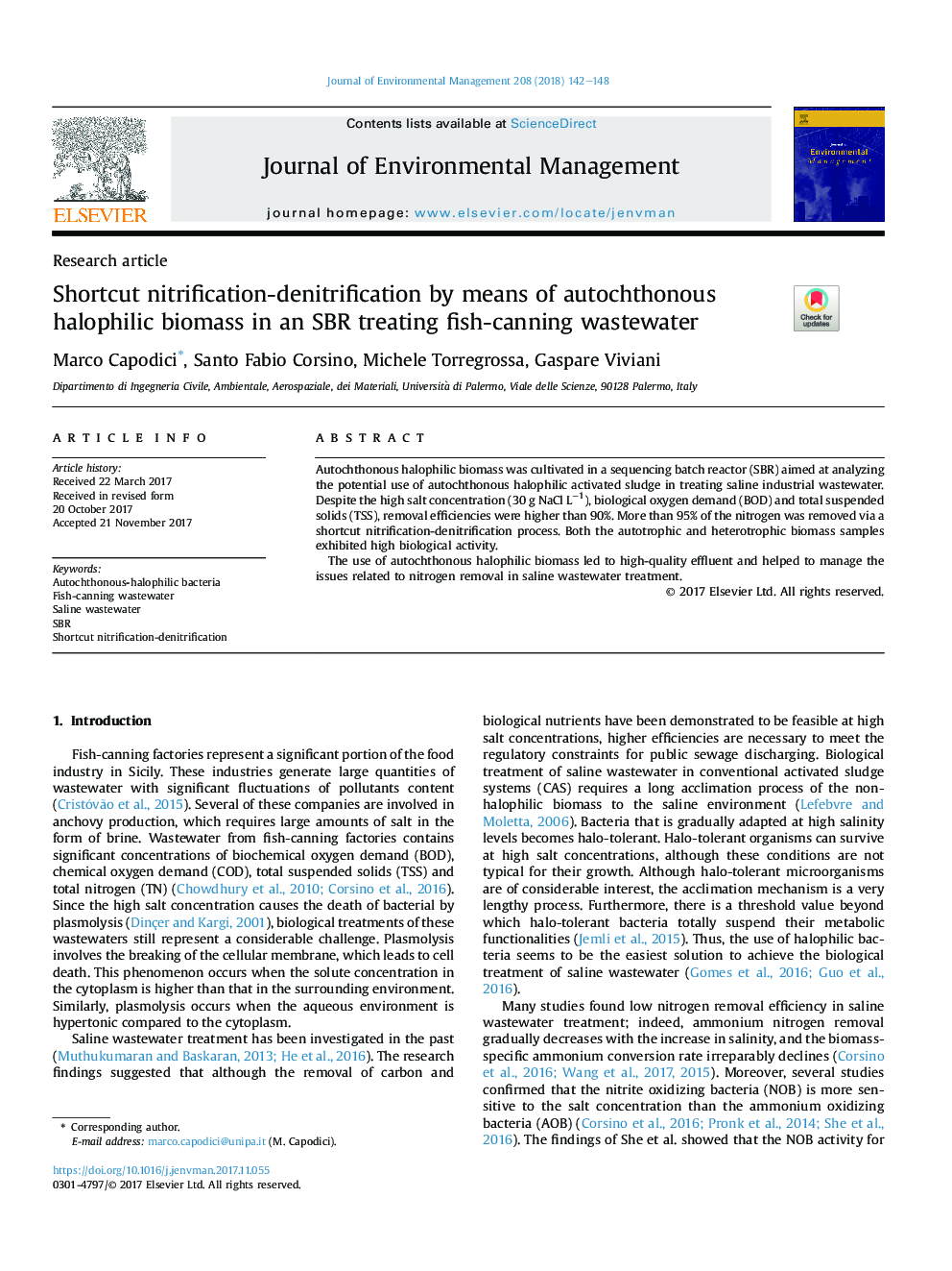 Shortcut nitrification-denitrification by means of autochthonous halophilic biomass in an SBR treating fish-canning wastewater