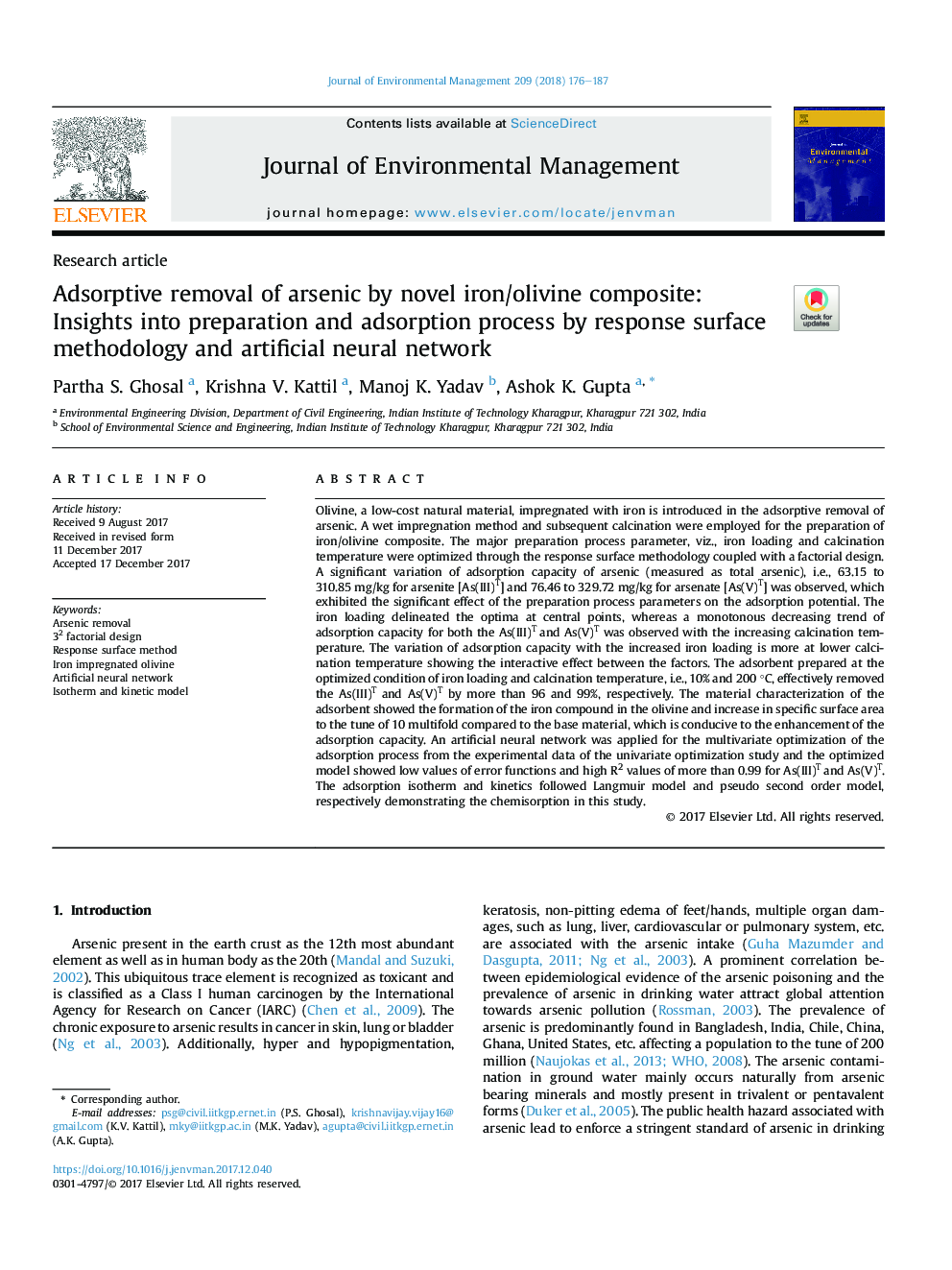 Adsorptive removal of arsenic by novel iron/olivine composite: Insights into preparation and adsorption process by response surface methodology and artificial neural network