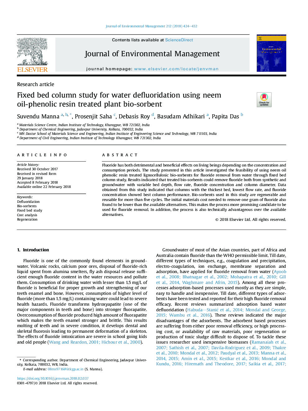 Fixed bed column study for water defluoridation using neem oil-phenolic resin treated plant bio-sorbent