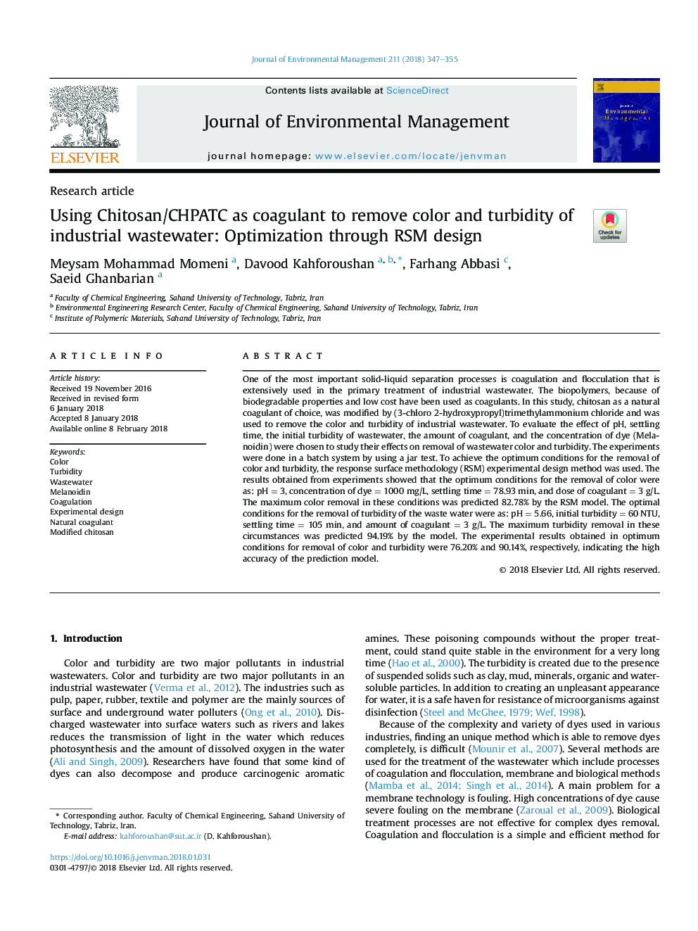 Using Chitosan/CHPATC as coagulant to remove color and turbidity of industrial wastewater: Optimization through RSM design
