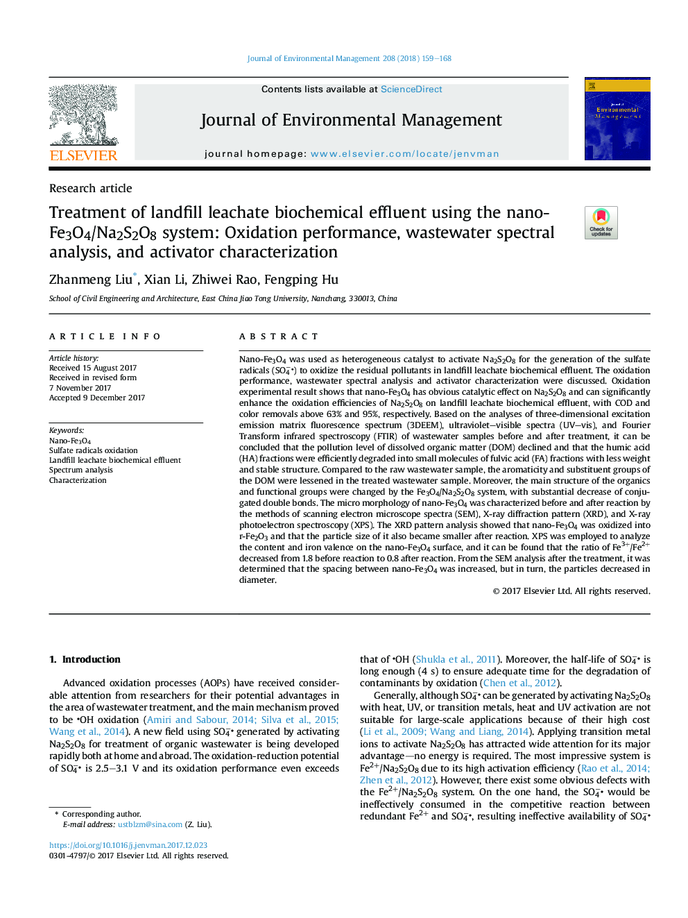 Treatment of landfill leachate biochemical effluent using the nano-Fe3O4/Na2S2O8 system: Oxidation performance, wastewater spectral analysis, and activator characterization