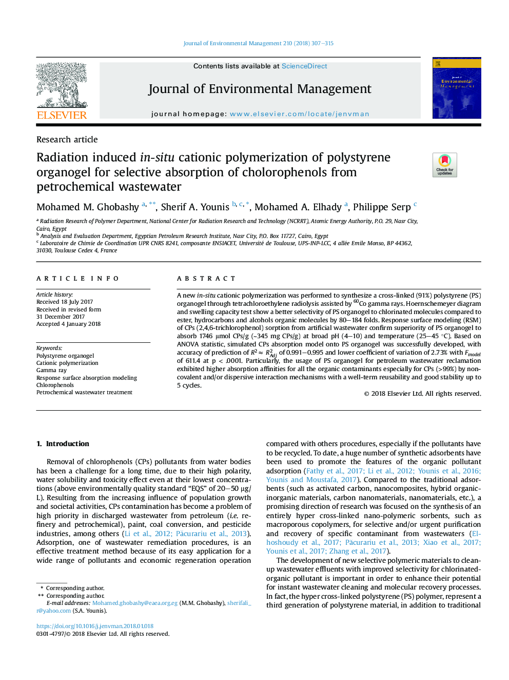 Radiation induced in-situ cationic polymerization of polystyrene organogel for selective absorption of cholorophenols from petrochemical wastewater