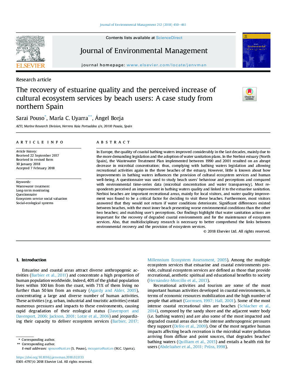 The recovery of estuarine quality and the perceived increase of cultural ecosystem services by beach users: A case study from northern Spain