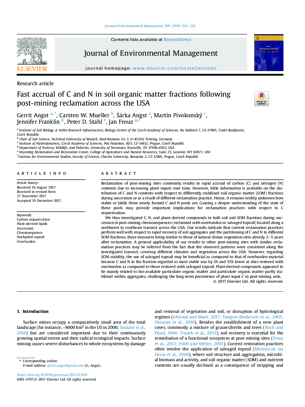 Fast accrual of C and N in soil organic matter fractions following post-mining reclamation across the USA