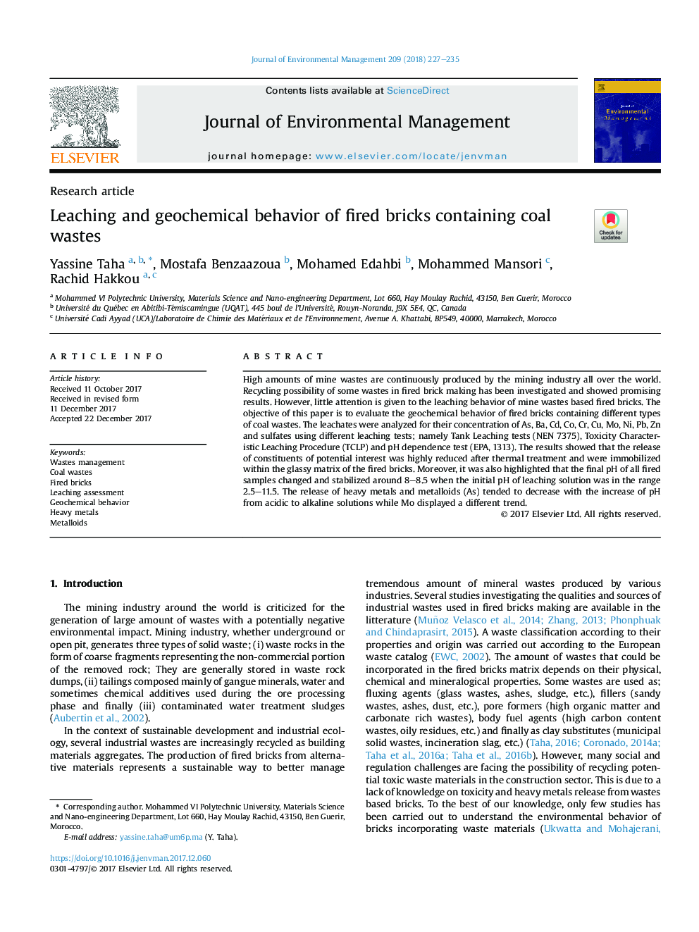 Leaching and geochemical behavior of fired bricks containing coal wastes