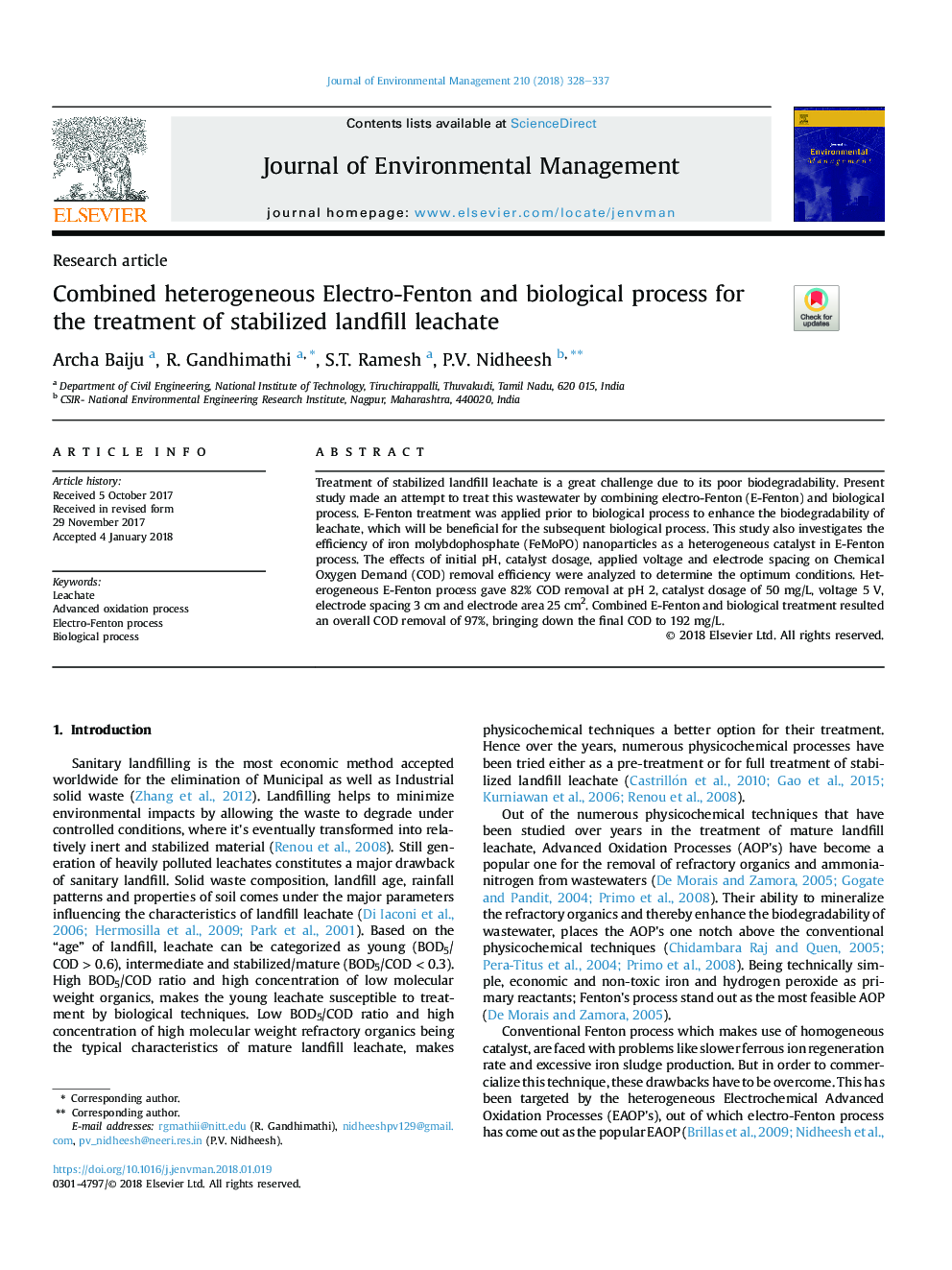 Combined heterogeneous Electro-Fenton and biological process for the treatment of stabilized landfill leachate