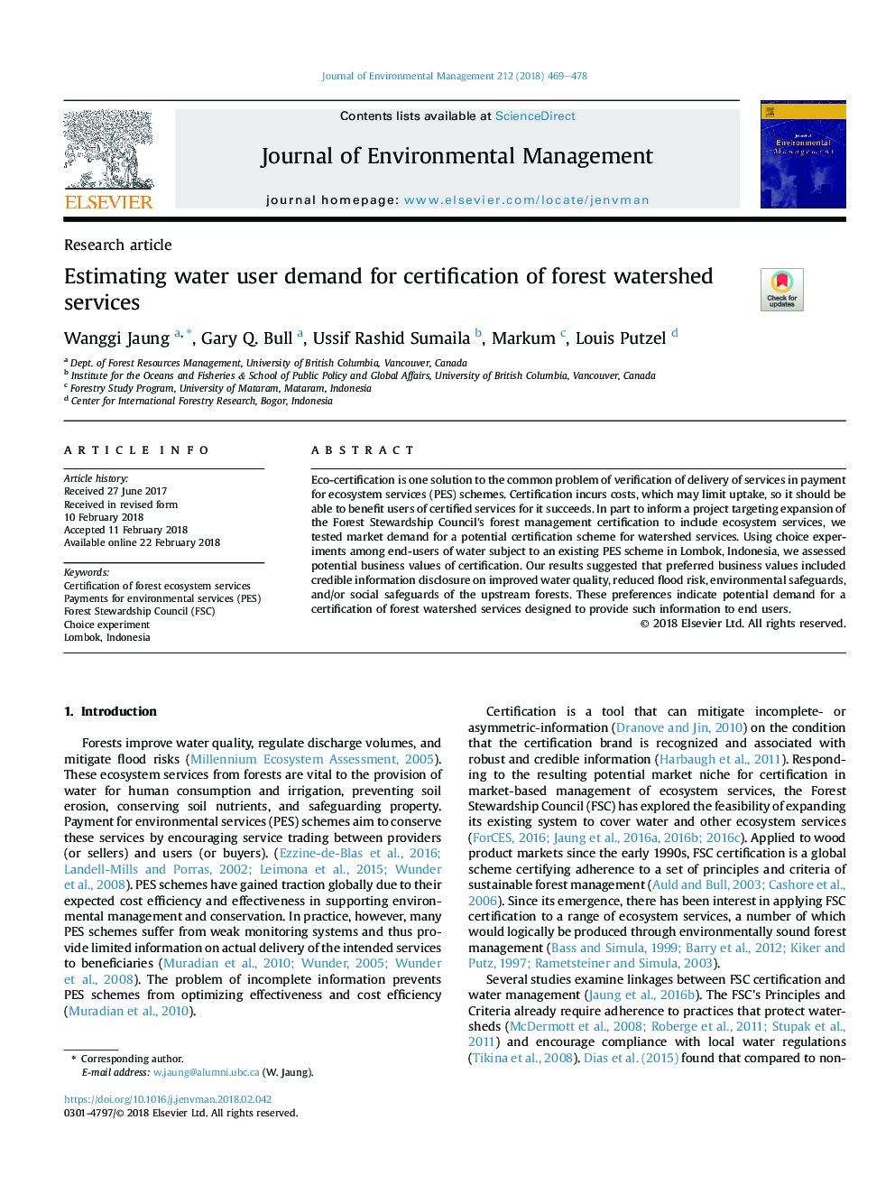 Estimating water user demand for certification of forest watershed services