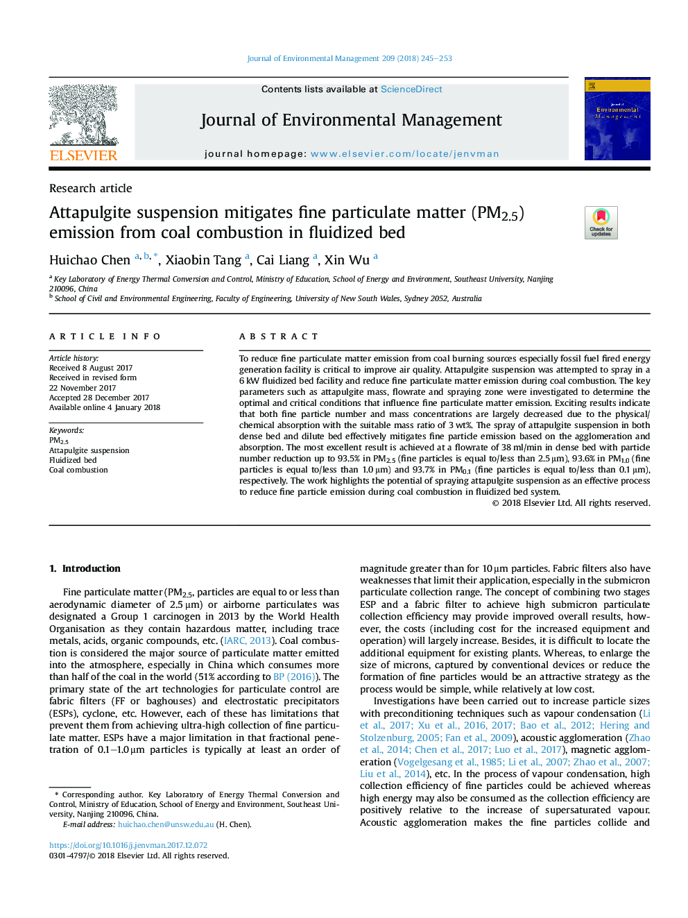 Attapulgite suspension mitigates fine particulate matter (PM2.5) emission from coal combustion in fluidized bed