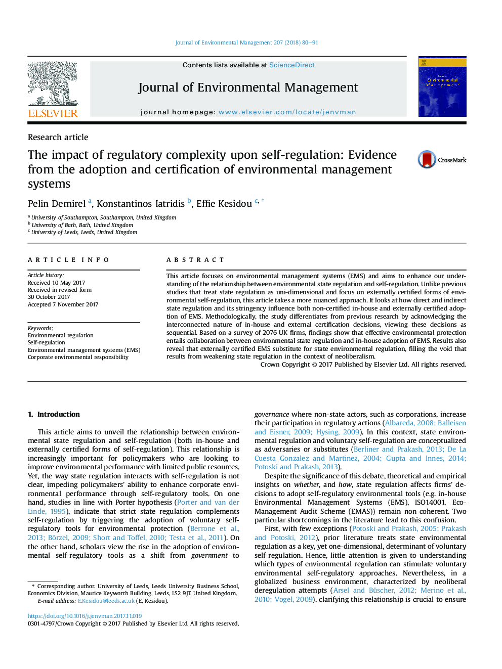 The impact of regulatory complexity upon self-regulation: Evidence from the adoption and certification of environmental management systems