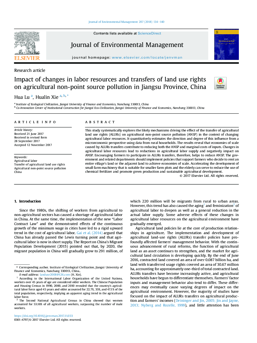 Impact of changes in labor resources and transfers of land use rights on agricultural non-point source pollution in Jiangsu Province, China