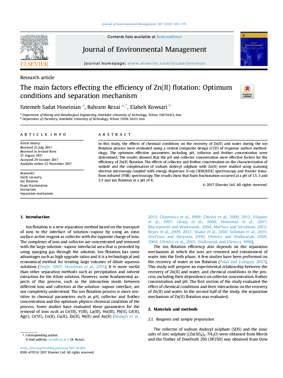 The main factors effecting the efficiency of Zn(II) flotation: Optimum conditions and separation mechanism