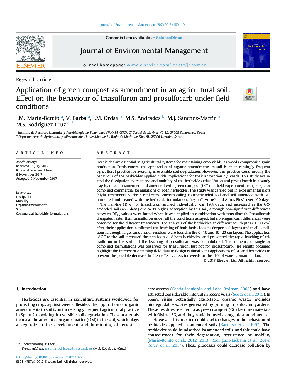 Application of green compost as amendment in an agricultural soil: Effect on the behaviour of triasulfuron and prosulfocarb under field conditions