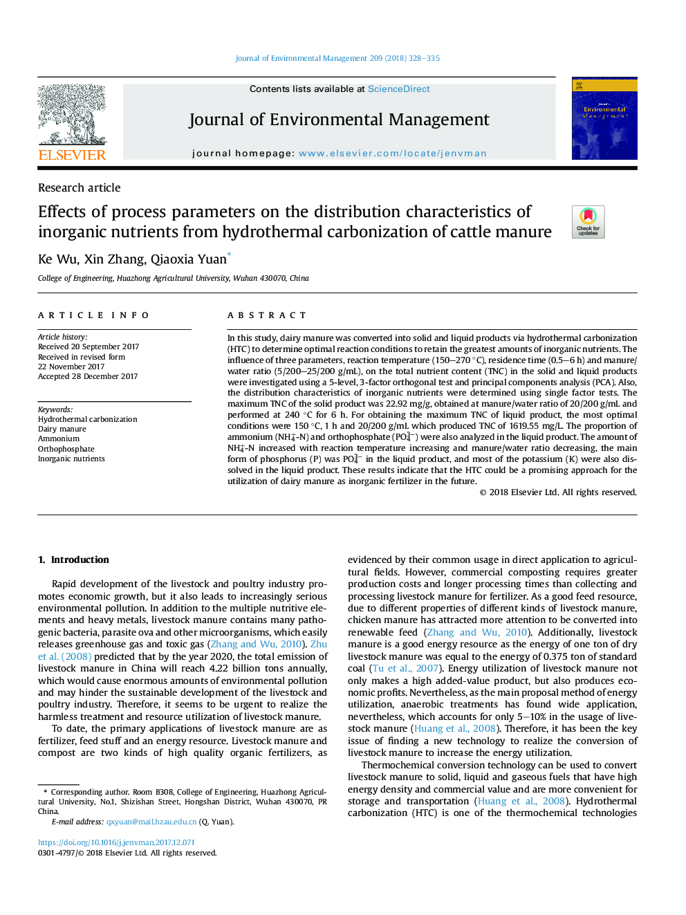 Effects of process parameters on the distribution characteristics of inorganic nutrients from hydrothermal carbonization of cattle manure