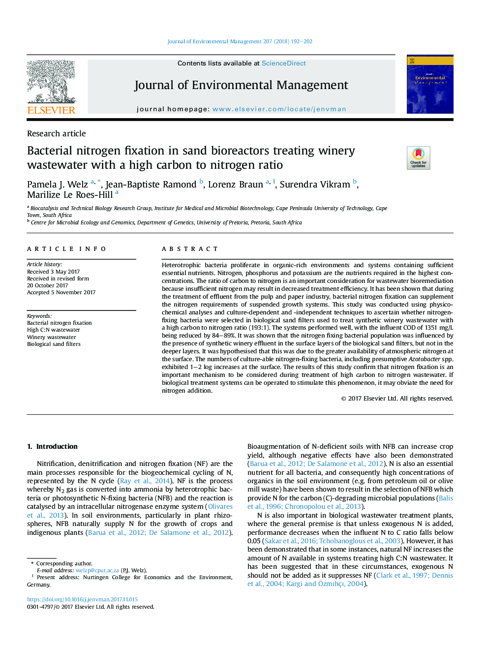 Bacterial nitrogen fixation in sand bioreactors treating winery wastewater with a high carbon to nitrogen ratio