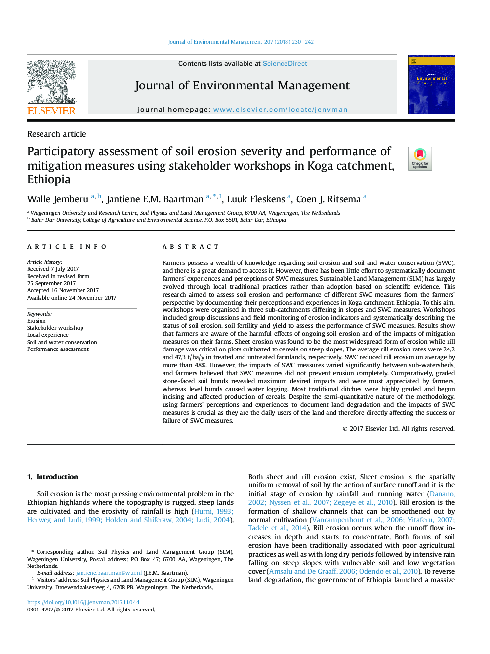 Participatory assessment of soil erosion severity and performance of mitigation measures using stakeholder workshops in Koga catchment, Ethiopia