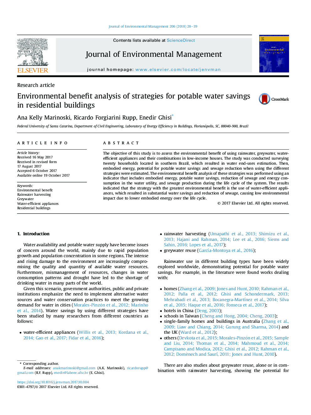 Environmental benefit analysis of strategies for potable water savings in residential buildings