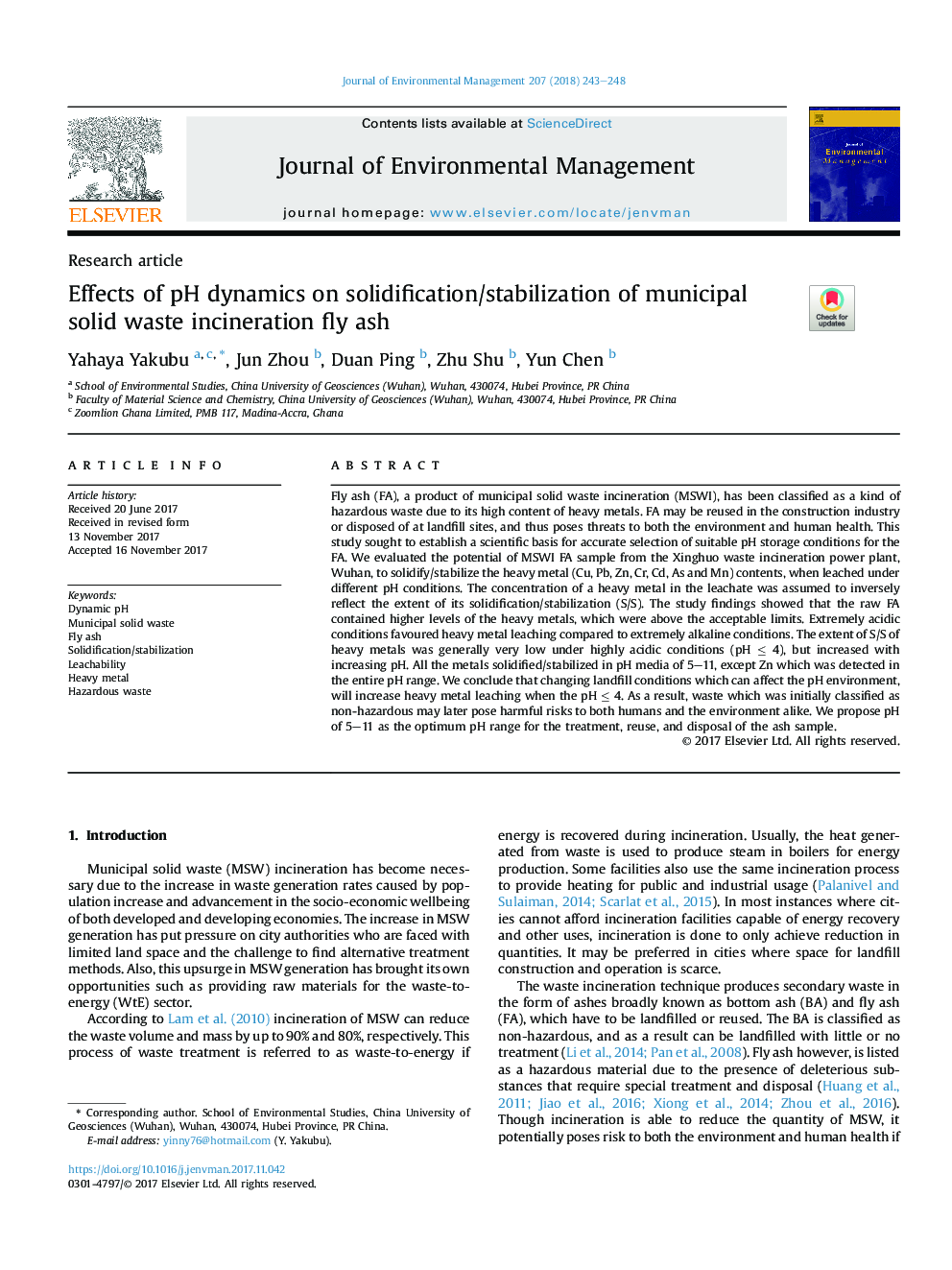 Effects of pH dynamics on solidification/stabilization of municipal solid waste incineration fly ash