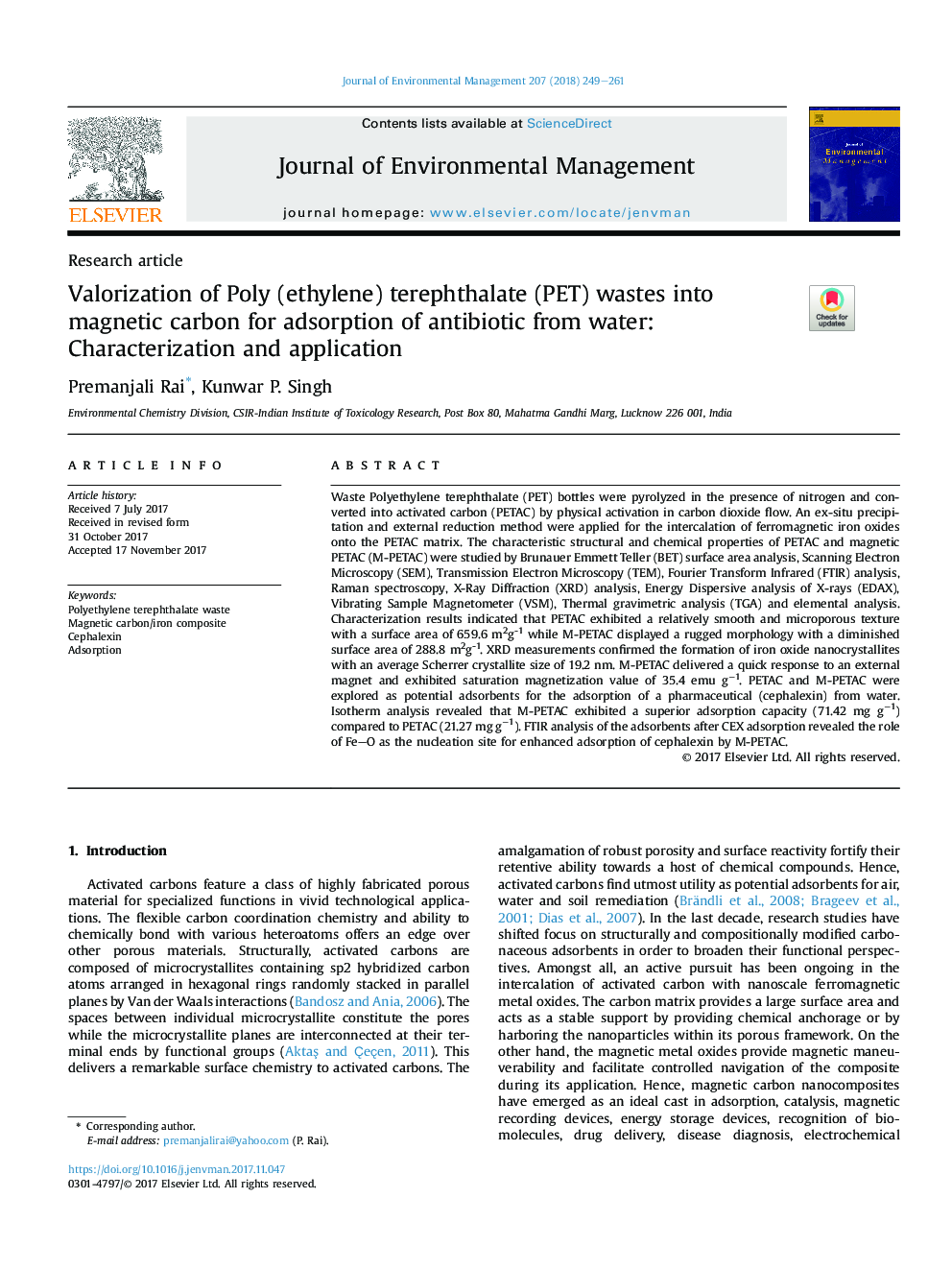 Valorization of Poly (ethylene) terephthalate (PET) wastes into magnetic carbon for adsorption of antibiotic from water: Characterization and application