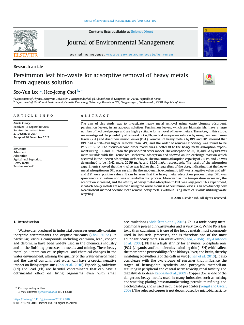 Persimmon leaf bio-waste for adsorptive removal of heavy metals from aqueous solution