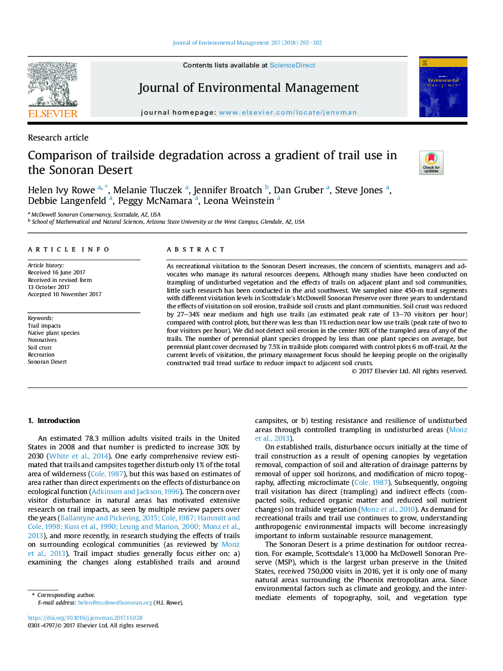 Comparison of trailside degradation across a gradient of trail use in the Sonoran Desert