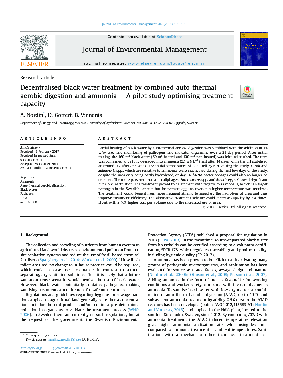 Decentralised black water treatment by combined auto-thermal aerobic digestion and ammonia - A pilot study optimising treatment capacity