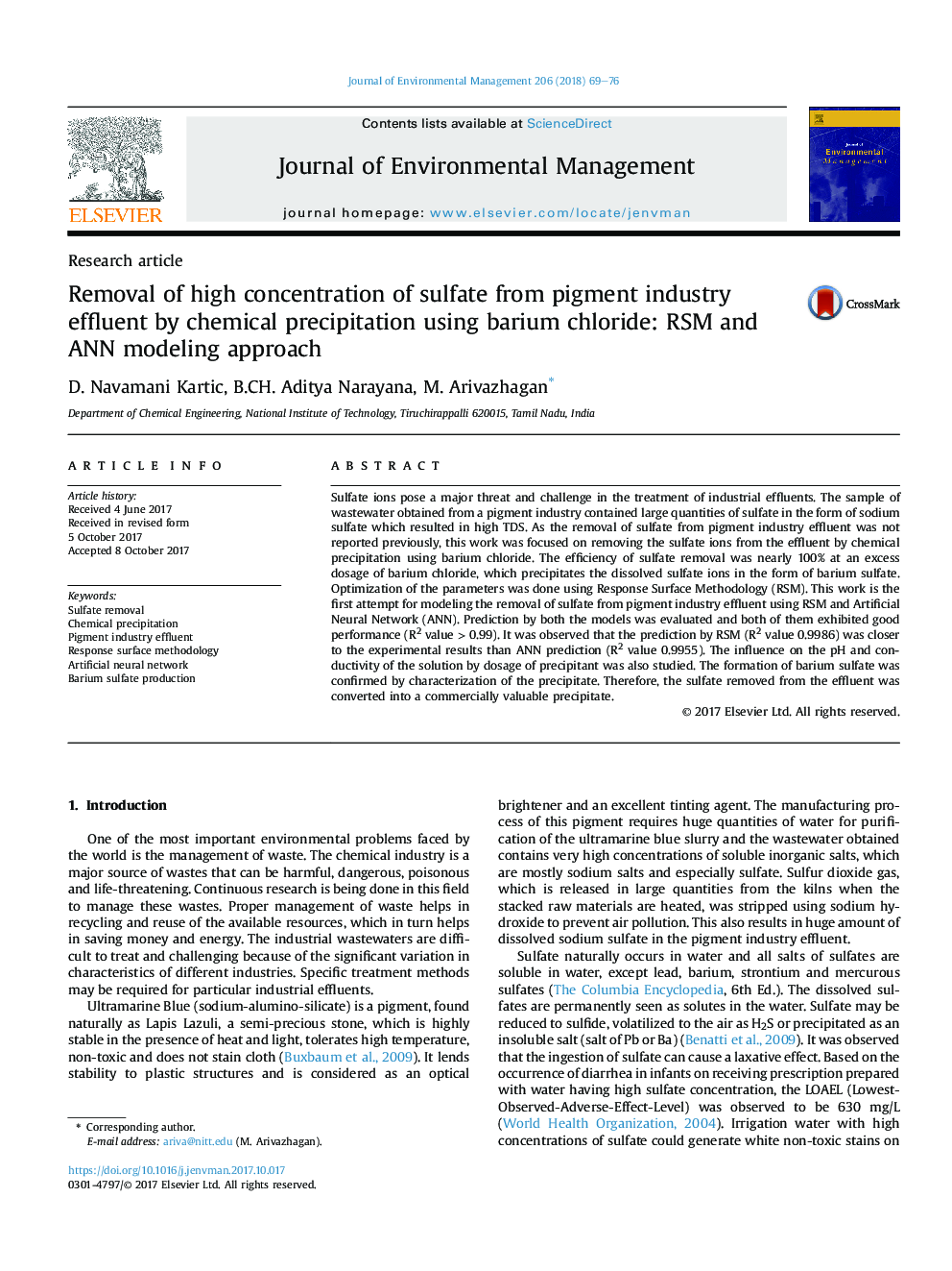 Removal of high concentration of sulfate from pigment industry effluent by chemical precipitation using barium chloride: RSM and ANN modeling approach