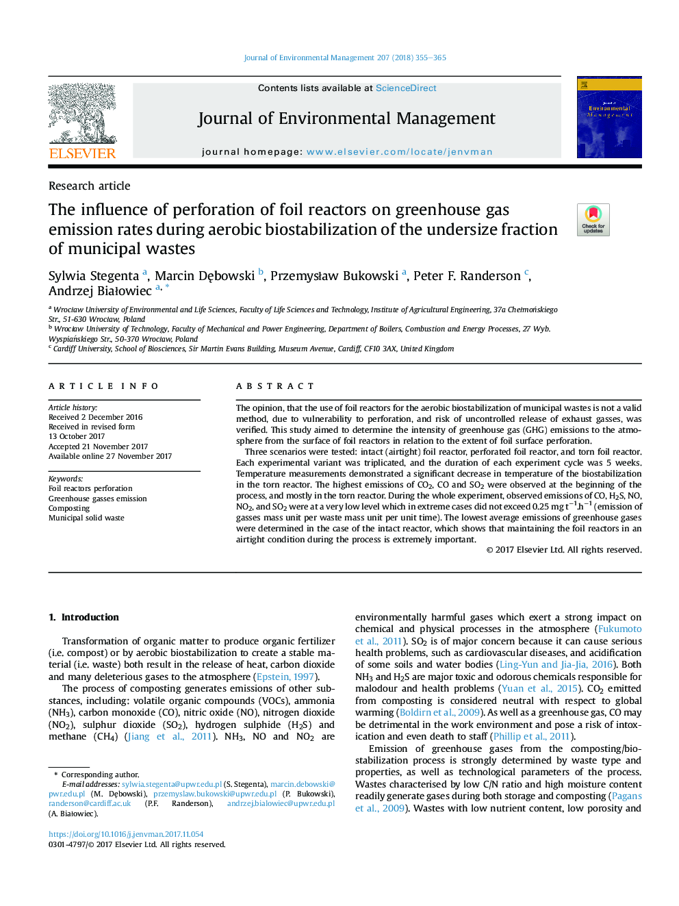 The influence of perforation of foil reactors on greenhouse gas emission rates during aerobic biostabilization of the undersize fraction of municipal wastes