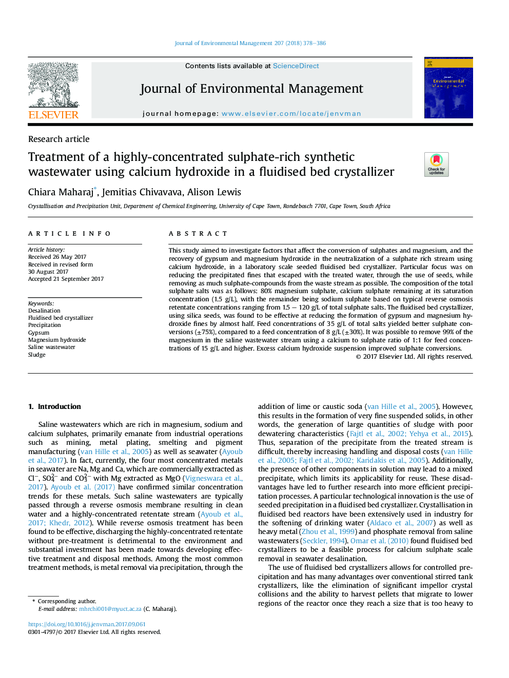 Treatment of a highly-concentrated sulphate-rich synthetic wastewater using calcium hydroxide in a fluidised bed crystallizer