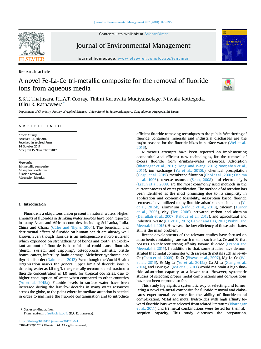 A novel Fe-La-Ce tri-metallic composite for the removal of fluoride ions from aqueous media