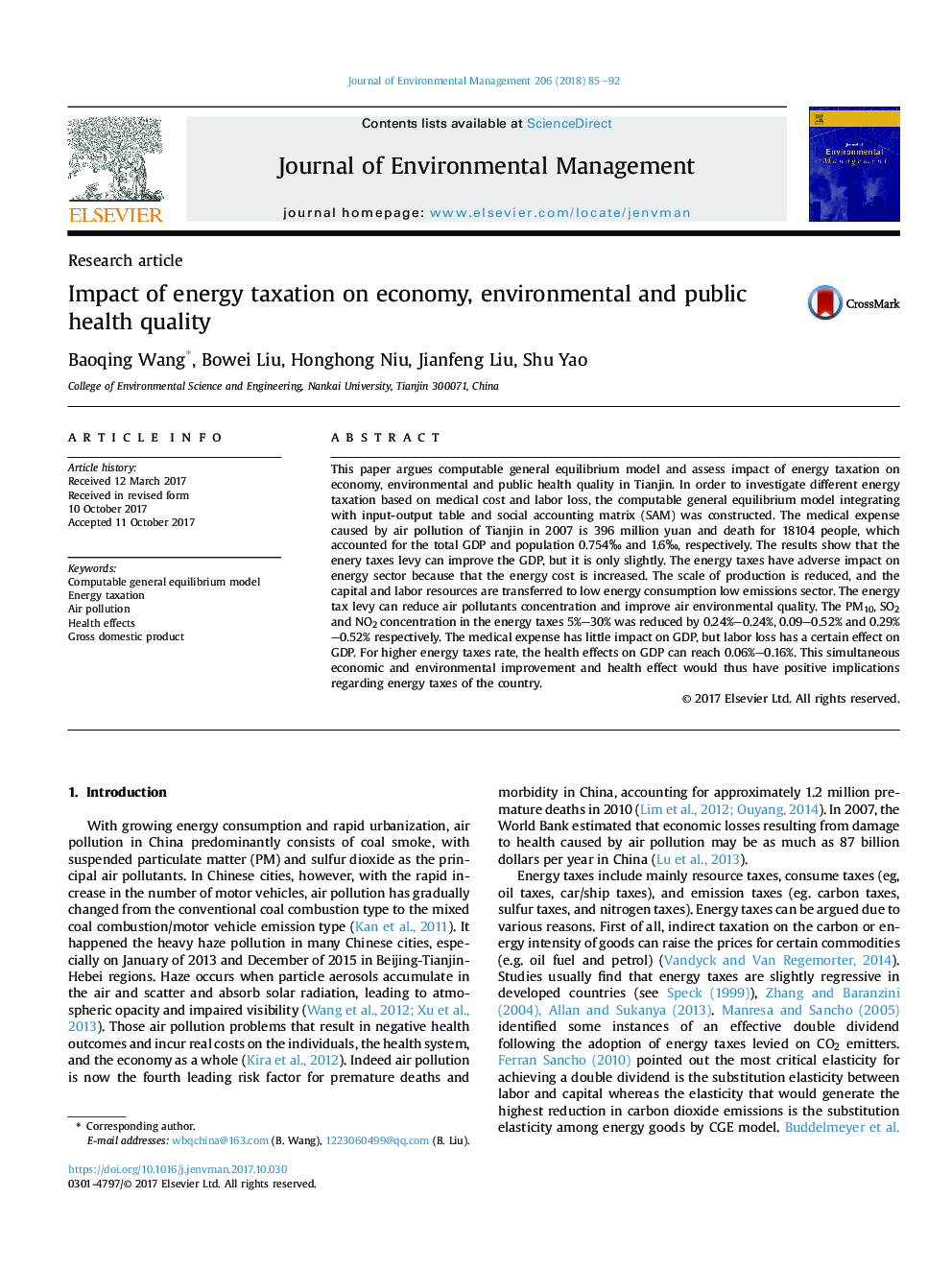 Impact of energy taxation on economy, environmental and public health quality