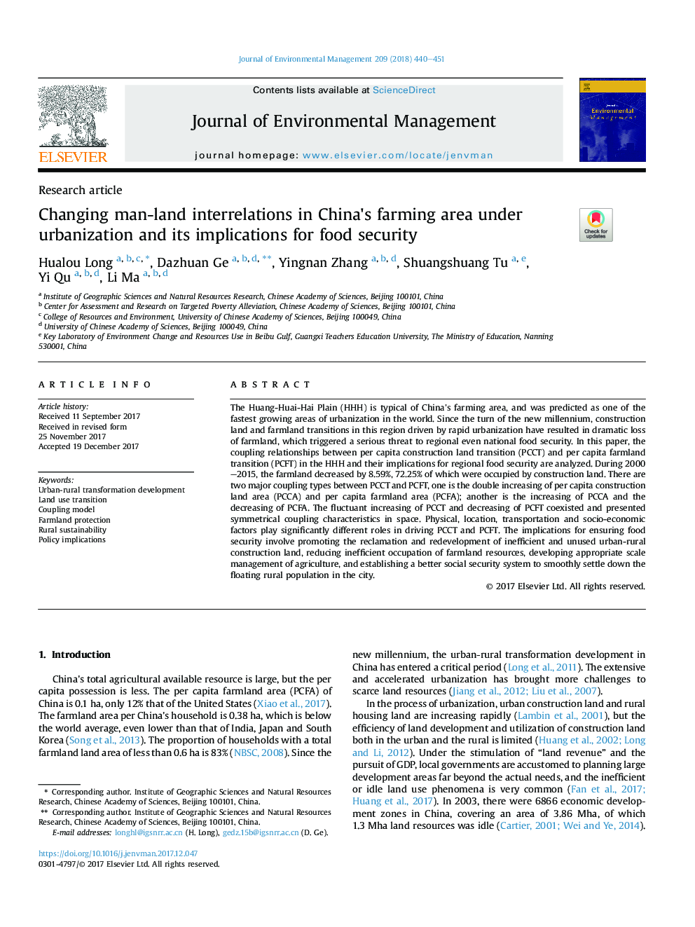 Changing man-land interrelations in China's farming area under urbanization and its implications for food security