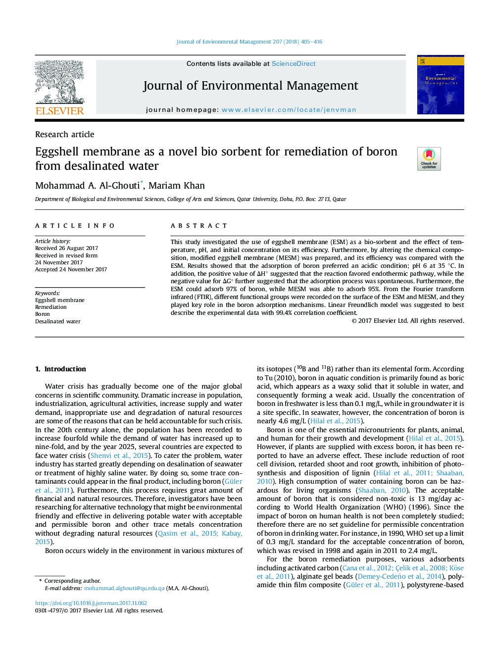 Eggshell membrane as a novel bio sorbent for remediation of boron from desalinated water