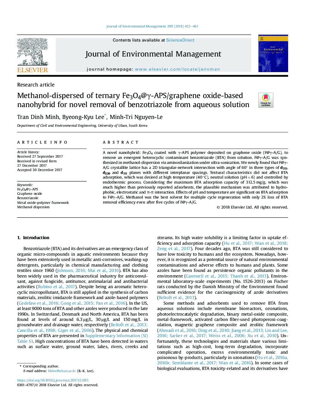 Methanol-dispersed of ternary Fe3O4@Î³-APS/graphene oxide-based nanohybrid for novel removal of benzotriazole from aqueous solution