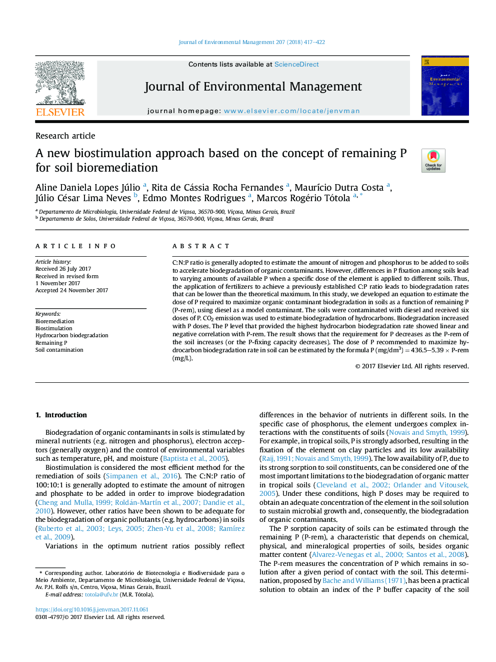 A new biostimulation approach based on the concept of remaining P for soil bioremediation