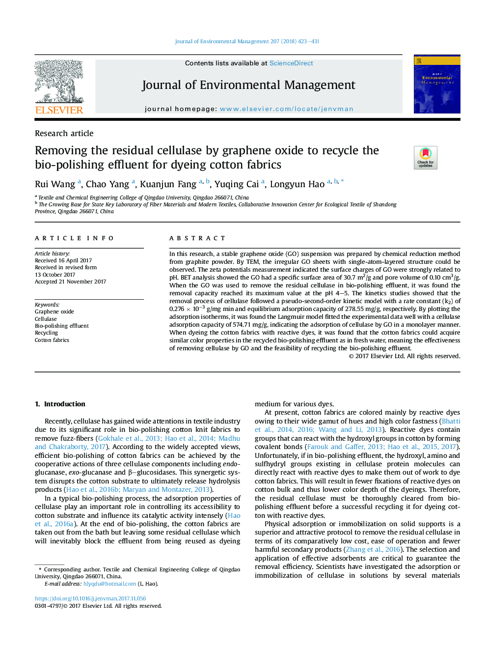 Removing the residual cellulase by graphene oxide to recycle the bio-polishing effluent for dyeing cotton fabrics