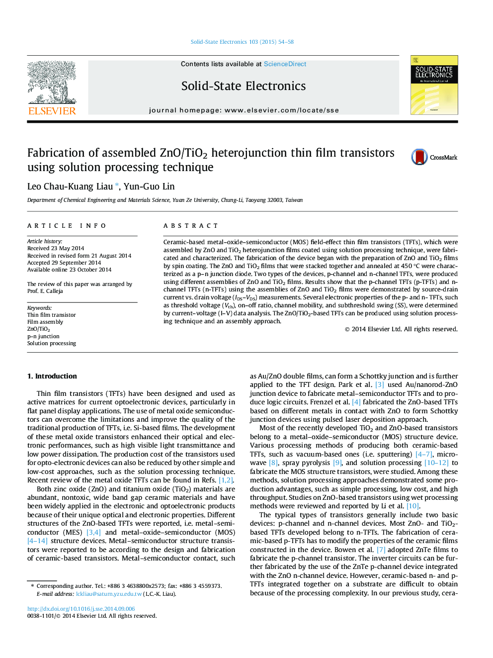 عکس صفحه اول مقاله: Fabrication of assembled ZnO/TiO2 heterojunction thin film transistors using solution processing technique Fabrication of assembled ZnO/TiO2 heterojunction thin film transistors using solution processing technique