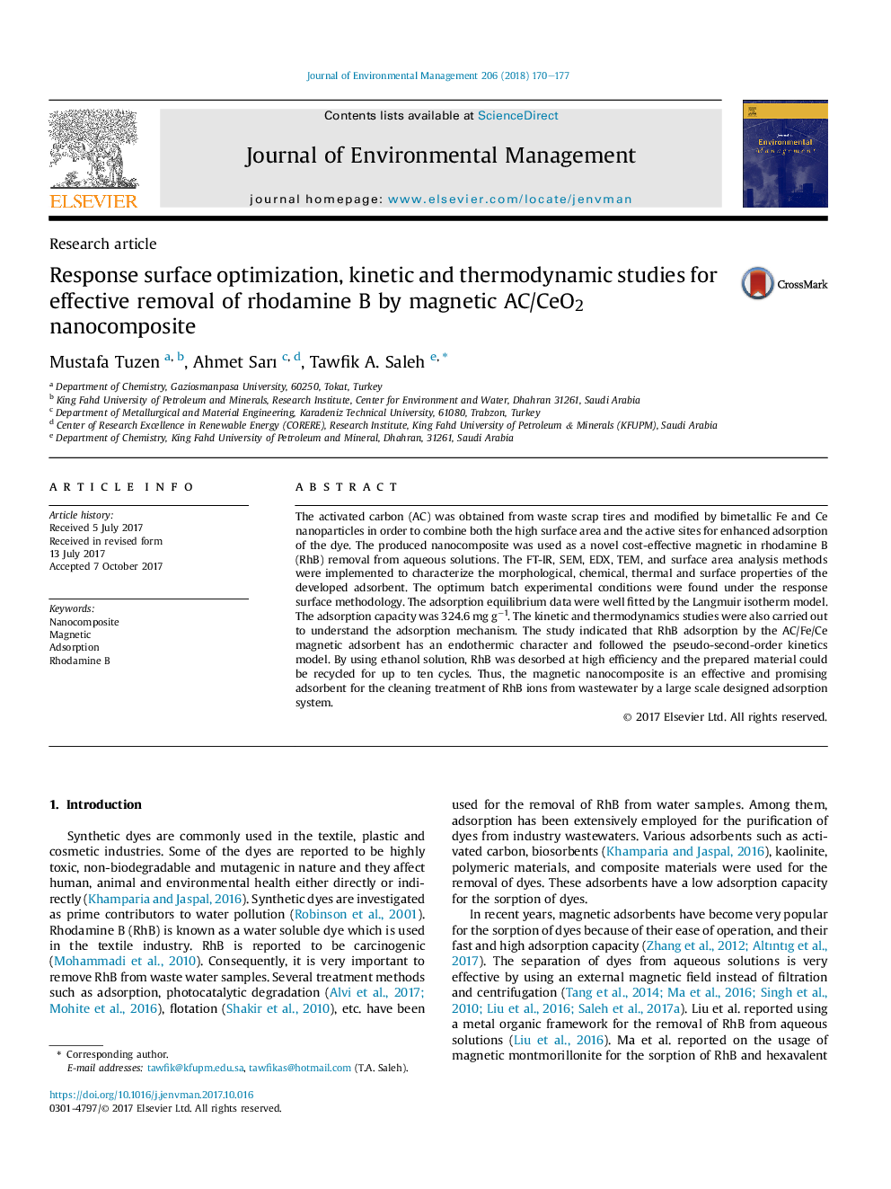 Response surface optimization, kinetic and thermodynamic studies for effective removal of rhodamine B by magnetic AC/CeO2 nanocomposite