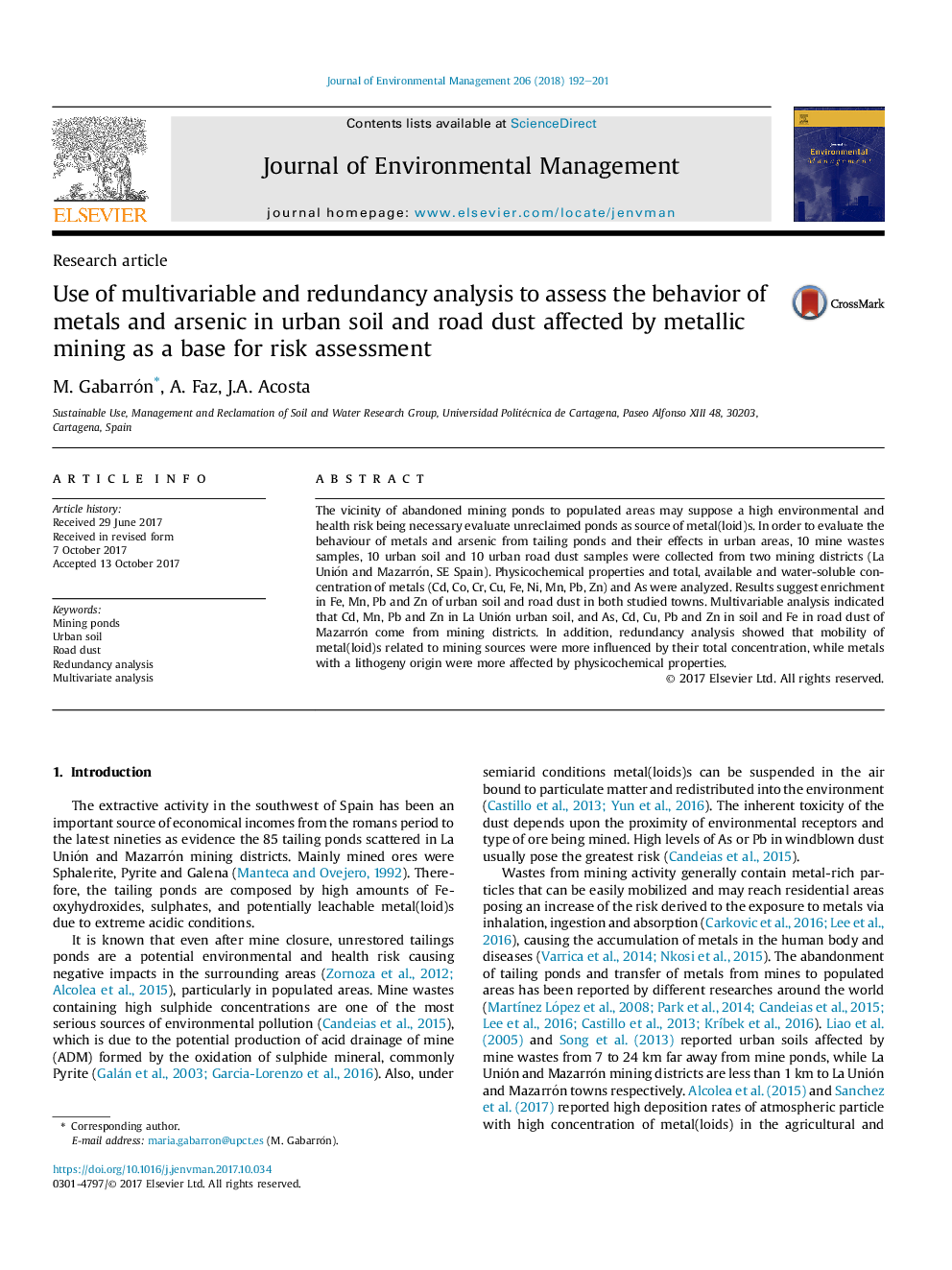 Use of multivariable and redundancy analysis to assess the behavior of metals and arsenic in urban soil and road dust affected by metallic mining as a base for risk assessment