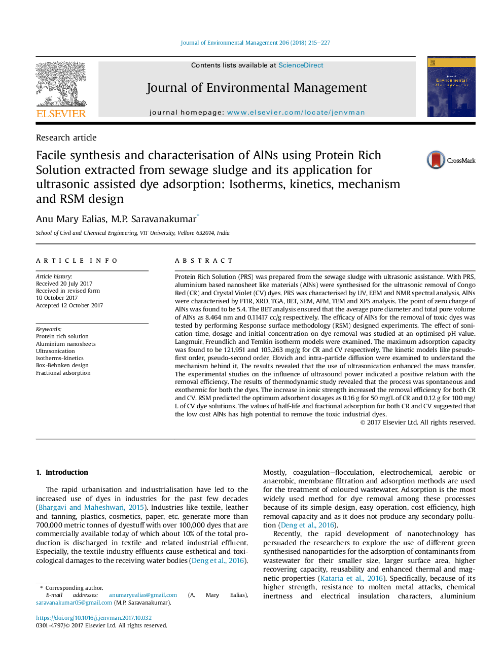 Facile synthesis and characterisation of AlNs using Protein Rich Solution extracted from sewage sludge and its application for ultrasonic assisted dye adsorption: Isotherms, kinetics, mechanism and RSM design