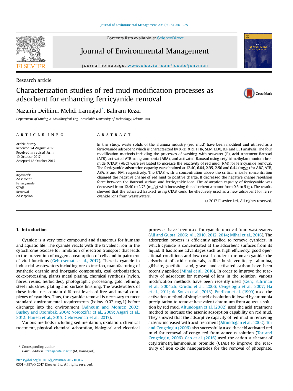 Characterization studies of red mud modification processes as adsorbent for enhancing ferricyanide removal