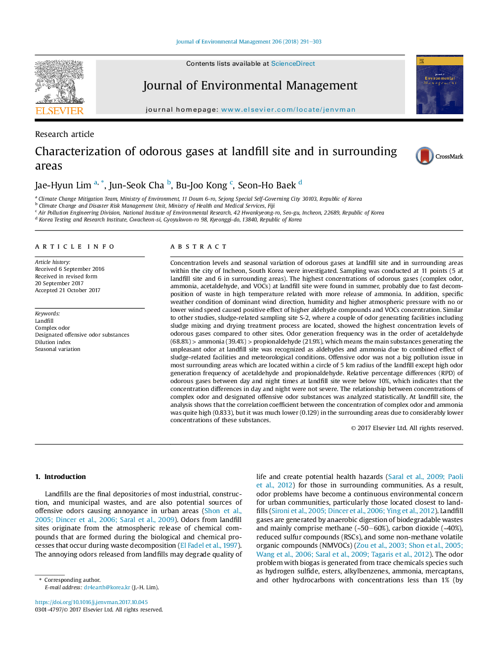 Characterization of odorous gases at landfill site and in surrounding areas